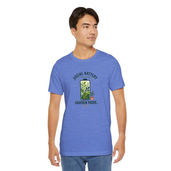 Heather blue T-shirt with “Garden Mode” plant graphic and “Social Battery Charging” text