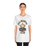 White crew-neck t-shirt with “All-Nighter Club” coffee and books emblem graphic