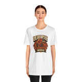 White T-shirt with front 'Leaf Pile Recovery Mode' autumn leaves graphic