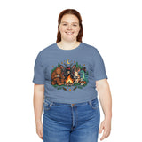 Blue crewneck T-shirt with campfire cryptid graphic, model wearing