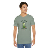Light green crew-neck T-shirt with “SOCIAL BATTERY” and “GARDEN MODE” graphic