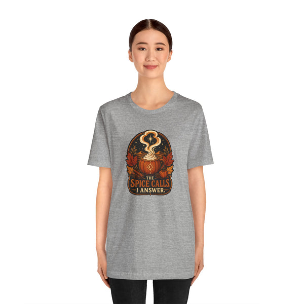 Heather gray crewneck T-shirt with circular spice cauldron graphic centered on chest.