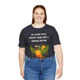 Dark heather T-shirt on model with parrot graphic and slogan 'My alarm clock...snooze button'