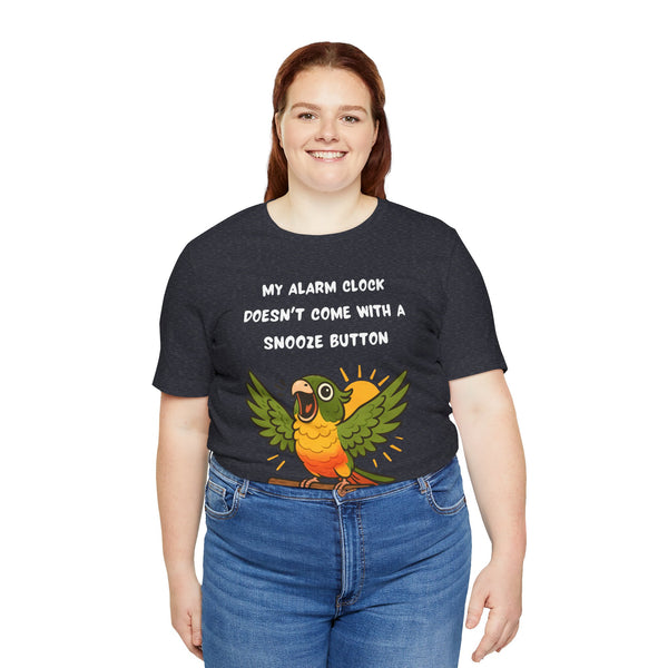 Dark heather T-shirt on model with parrot graphic and slogan 'My alarm clock...snooze button'