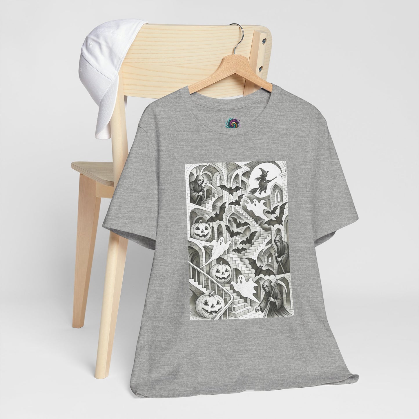 Haunted Hallways T-Shirt – Escher-Inspired Halloween Graphic Tee