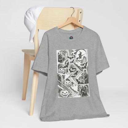 Haunted Hallways T-Shirt – Escher-Inspired Halloween Graphic Tee