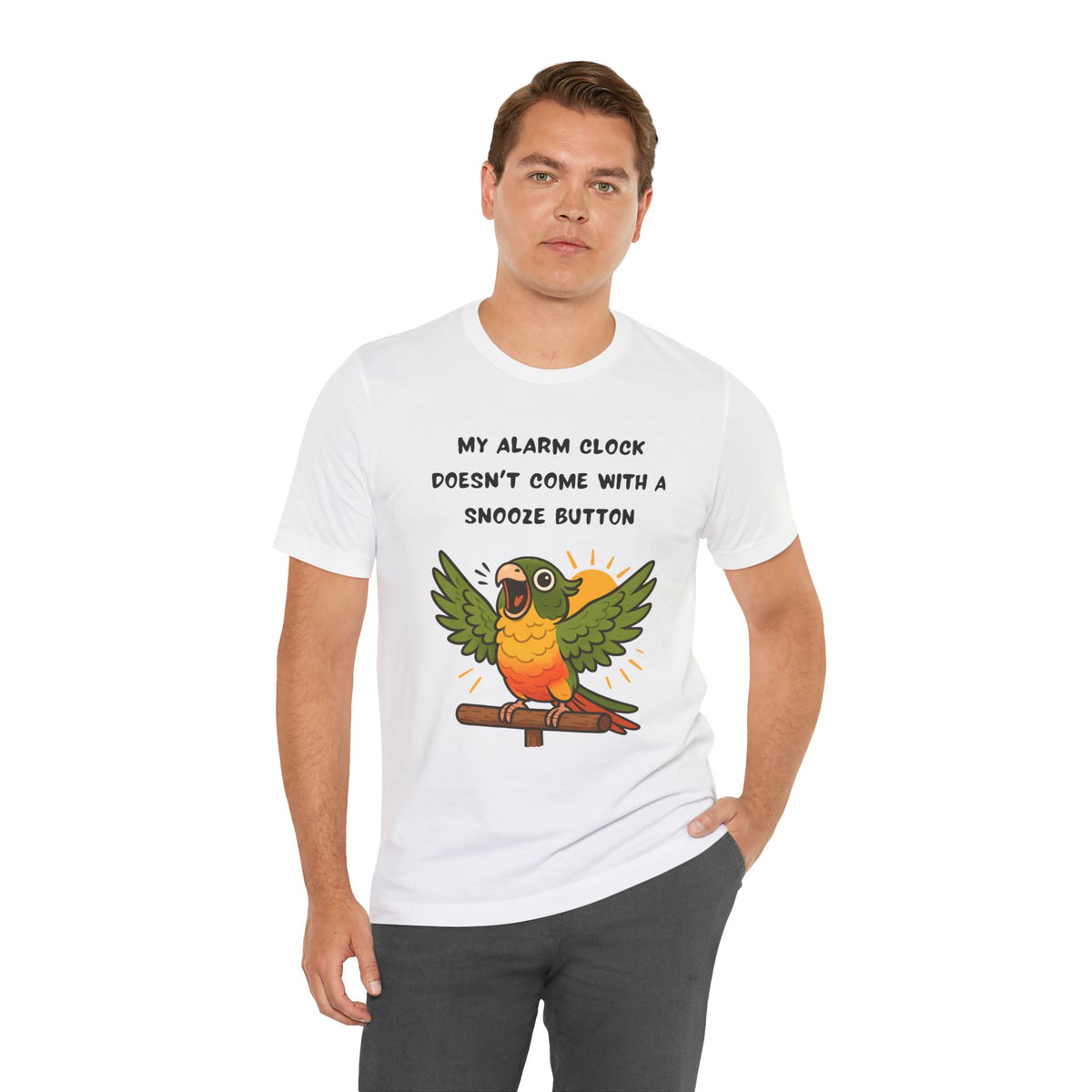 White crewneck T-shirt with colorful parrot-on-branch alarm clock print
