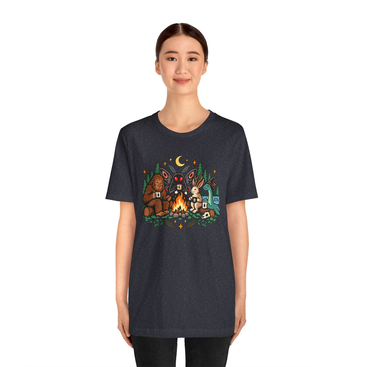 Dark navy crew-neck t-shirt with front cryptid campfire graphic, straight fit