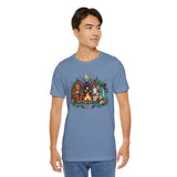 Blue crewneck T-shirt with colorful campfire cryptid graphic, full front