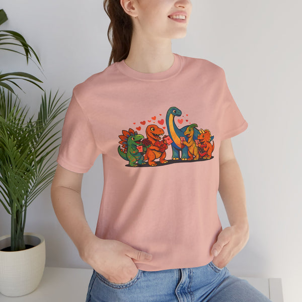 Pink short-sleeve T-shirt featuring colorful dinosaur Valentine graphic