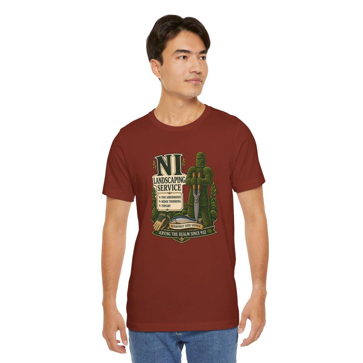 Rust-brown crewneck T-shirt with green cactus “NI Landscaping Service” graphic front view