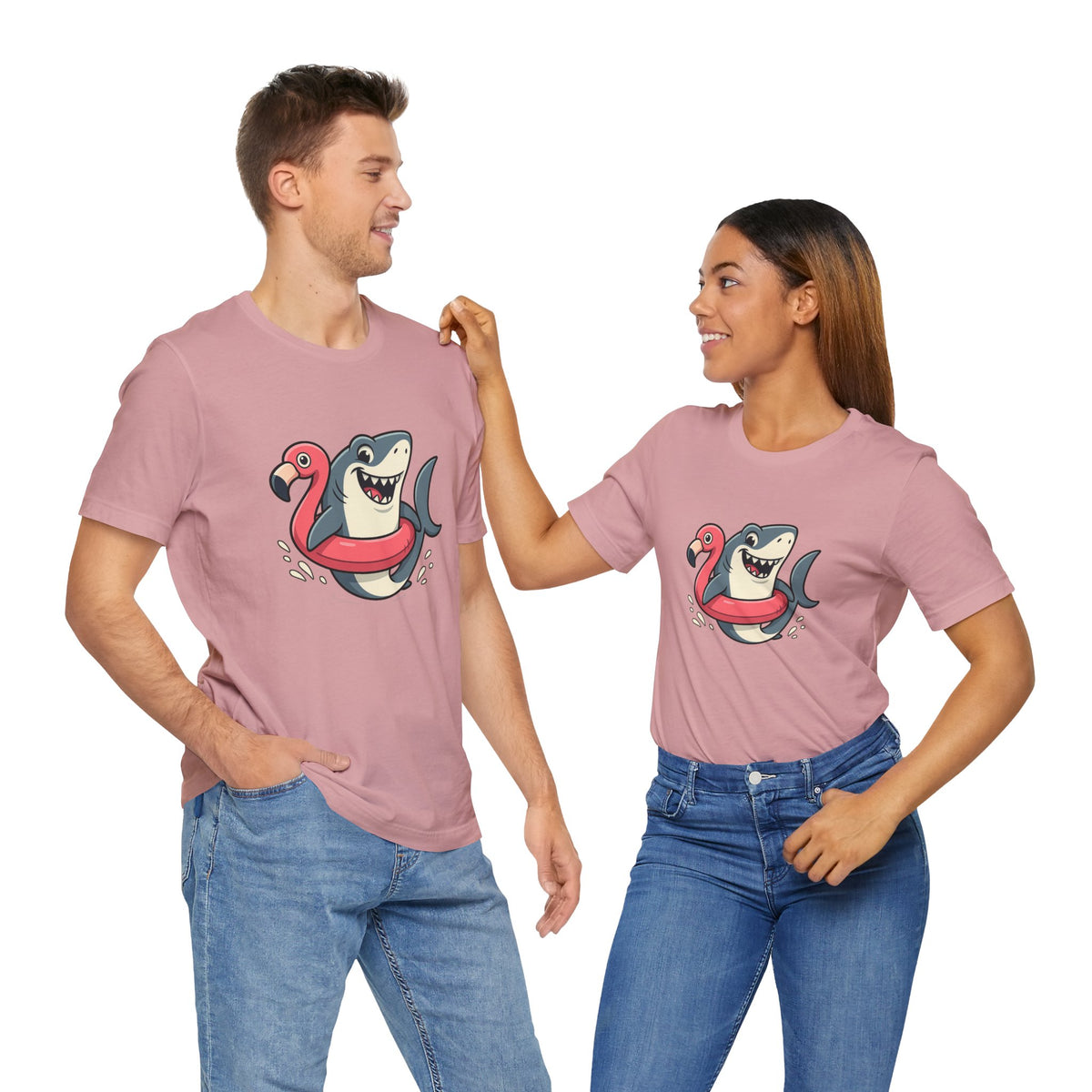 Pair of pink shark-and-flamingo floatie graphic T-shirts, crew neck, short sleeves