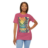 Pink graphic T-shirt on model, short sleeves with rectangular front print