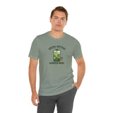 Muted green crew-neck T-shirt with garden plant graphic and “GARDEN MODE” text
