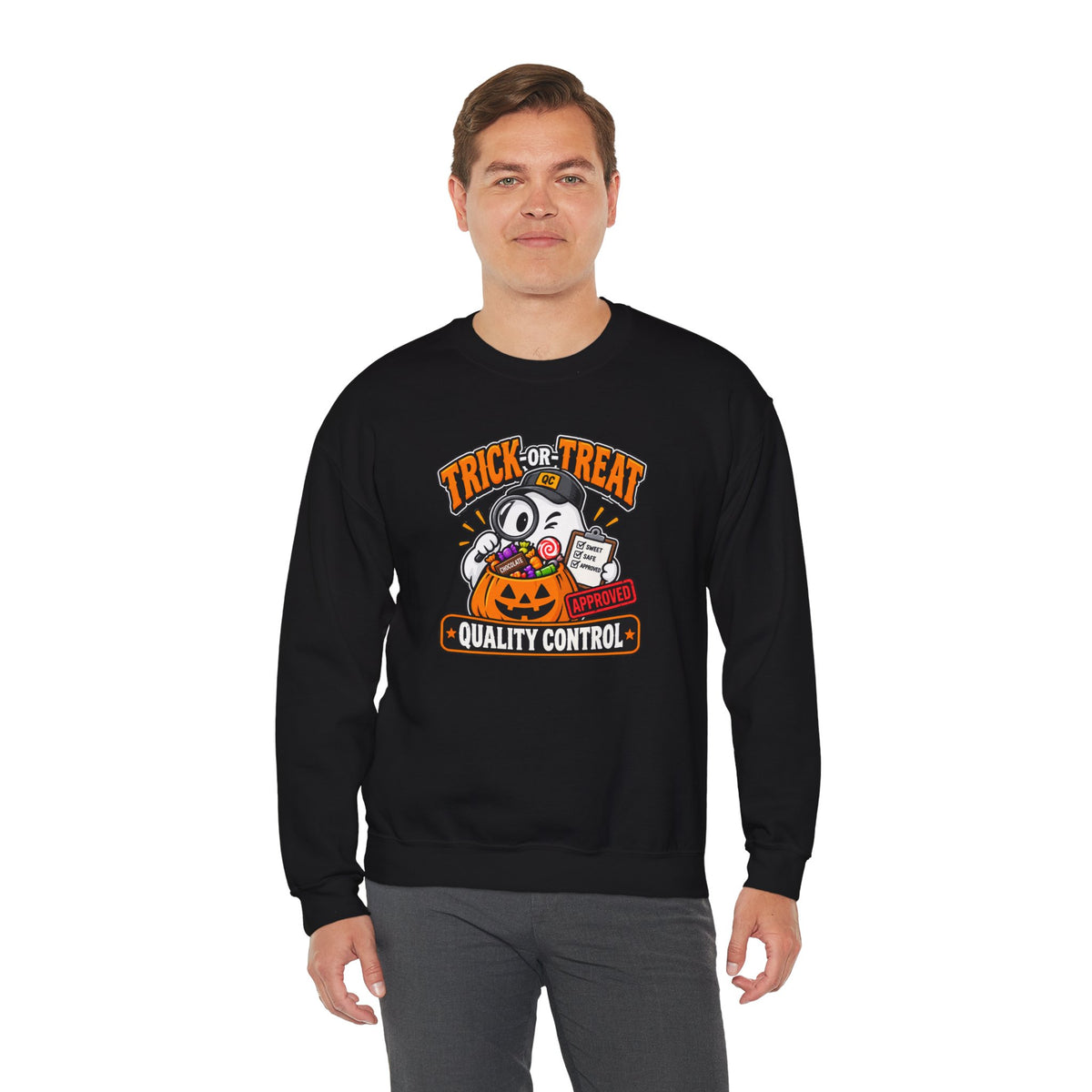 Trick-or-Treat Quality Control Sweatshirt – Funny Halloween Cozy Top