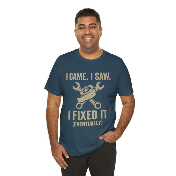 Teal crewneck T-shirt showing “I came, I saw, I fixed it (eventually)” tool and text print
