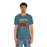 Teal crewneck T-shirt with vintage-style Pecan Pie graphic on the chest