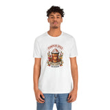White crewneck graphic T-shirt with pumpkin spice coffee cup and “Self Care Season” print