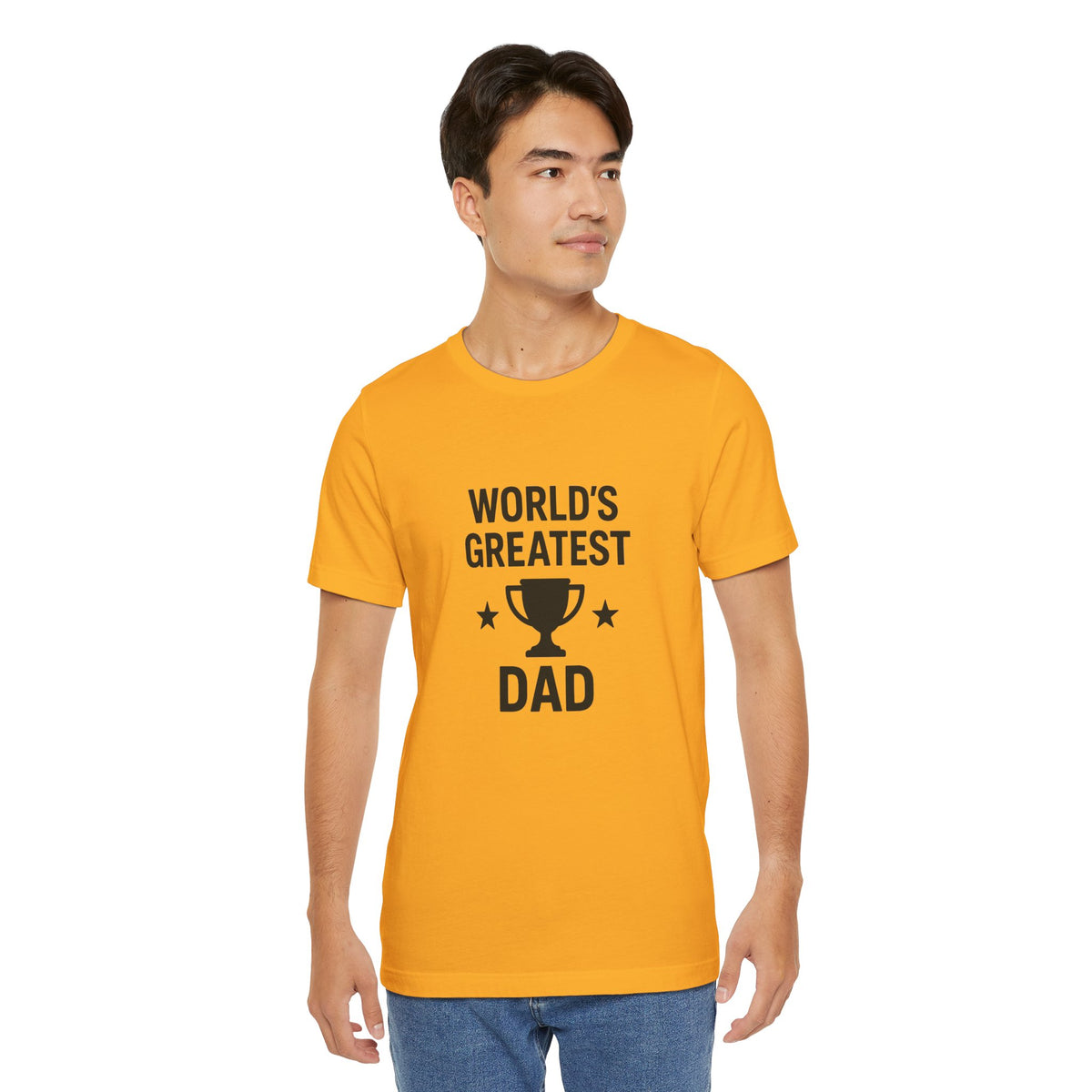 Orange T-shirt with trophy and “World’s Greatest Dad” text graphic, worn by model