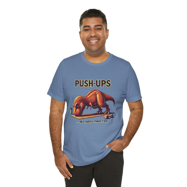 Blue crew-neck T-shirt with 'PUSH-UPS' T-Rex graphic, relaxed front view