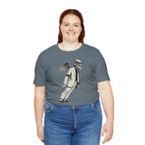 Heather slate unisex graphic t-shirt on female model, front view with skeleton bat print