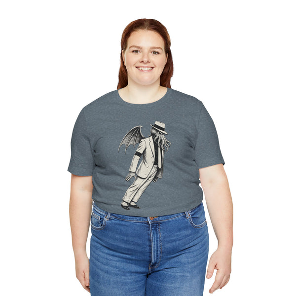 Heather slate unisex graphic t-shirt on female model, front view with skeleton bat print