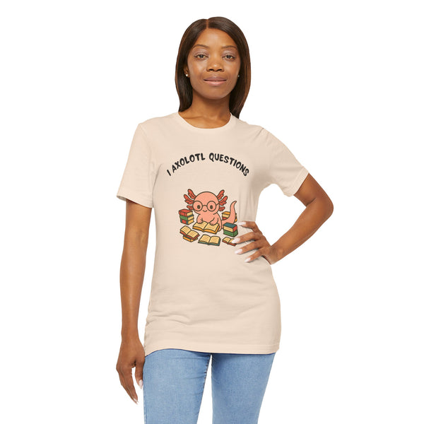 Cream short-sleeve crew t-shirt with axolotl reading books cartoon and “Axolotl Questions”
