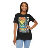 Black crew-neck graphic t-shirt with colorful scene print and vertical blue text stripe