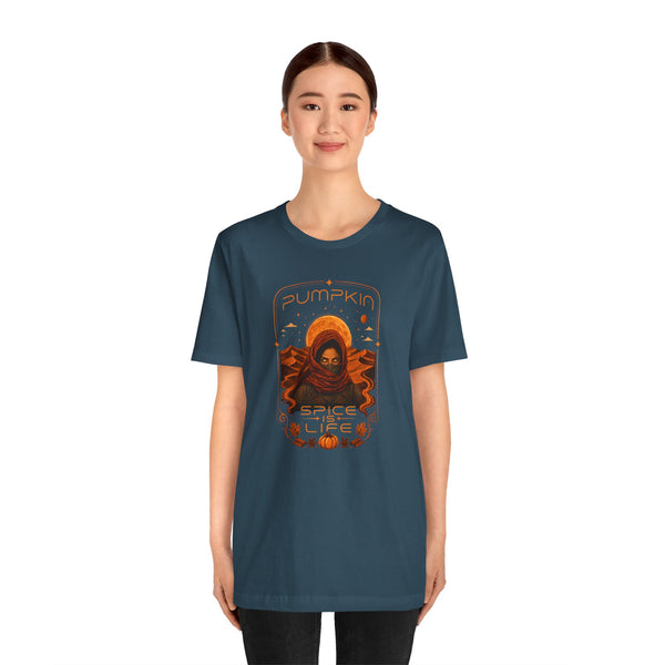Teal crew-neck T-shirt with centered orange sci-fi pumpkin spice portrait graphic