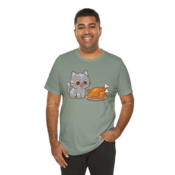 Men's olive green crew-neck t-shirt featuring cute cat and turkey illustration on front