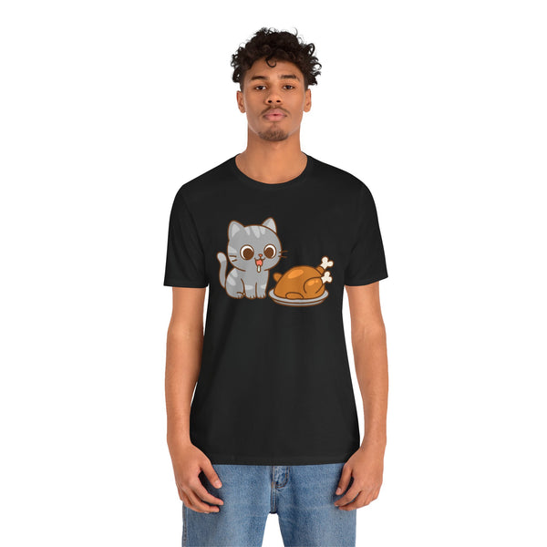 Black crew-neck t-shirt with cat and turkey graphic, worn by man