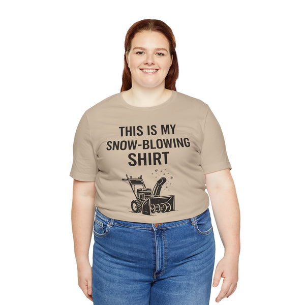 Tan crewneck T-shirt with “This Is My Snow-Blowing Shirt” text and snowblower graphic