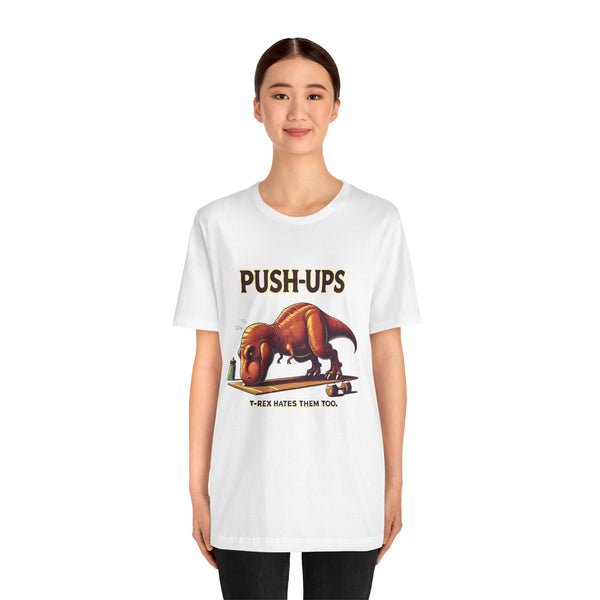 White crewneck T-shirt with PUSH-UPS dinosaur workout graphic on the chest