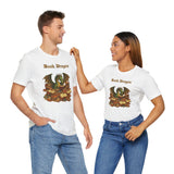 Pair of white crewneck t-shirts, “Book Dragon” graphic printed on the chests