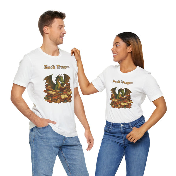 Pair of white crewneck t-shirts, “Book Dragon” graphic printed on the chests