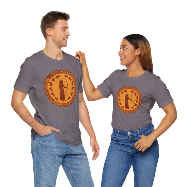 Pair of gray-purple t-shirts with orange circular Greek goddess logos