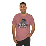Dusty rose crewneck t-shirt with colorful cat graphic, relaxed fit, short sleeves