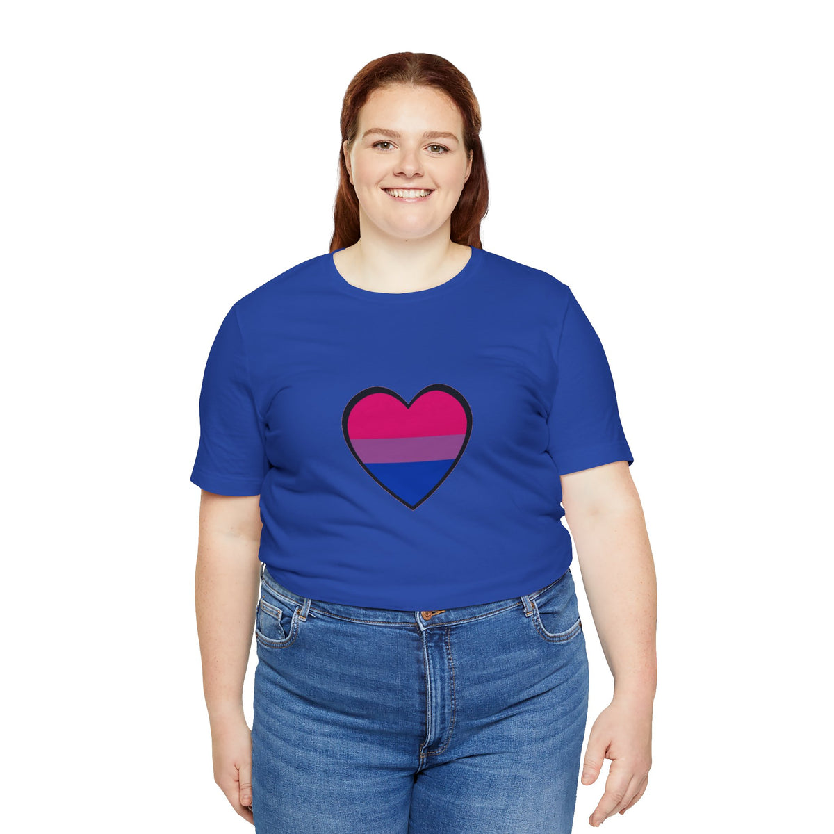 Royal blue T-shirt with center heart bisexual pride flag graphic, worn by woman