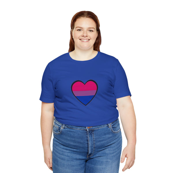 Royal blue T-shirt with center heart bisexual pride flag graphic, worn by woman