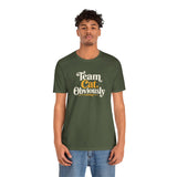 Military green crew-neck T-shirt with “Team Cat, Obviously” front graphic, worn by man