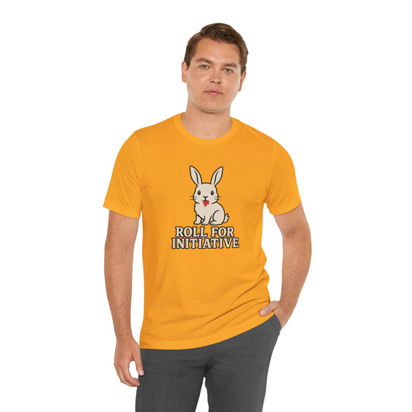 Orange short-sleeve T-shirt featuring bunny and "ROLL FOR INITIATIVE" graphic