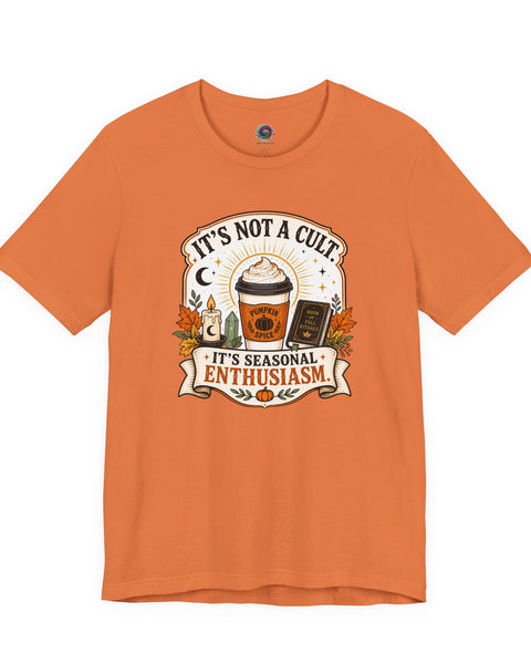 Orange T-shirt with pumpkin spice graphic and seasonal enthusiasm text on chest