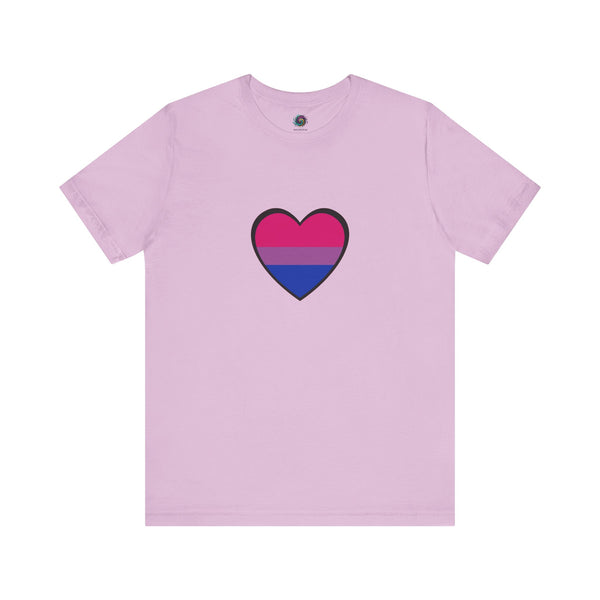Soft pink bisexual pride heart graphic T-shirt with pink and blue heart design