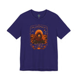 Navy graphic T-shirt with orange “Pumpkin” sci-fi spice face print on chest