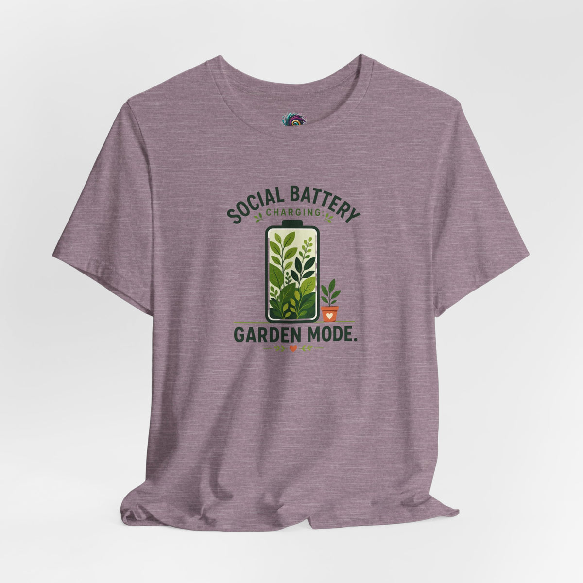 Heather mauve T-shirt with “Garden Mode” plant graphic and “Social Battery Charging” text
