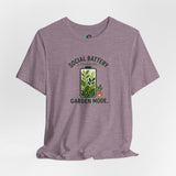 Heather mauve T-shirt with “Garden Mode” plant graphic and “Social Battery Charging” text
