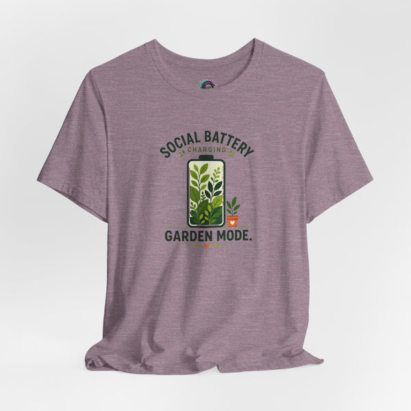 Heather mauve T-shirt with “Garden Mode” plant graphic and “Social Battery Charging” text