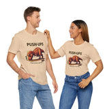 Beige T-shirt duo with PUSH-UPS and T-Rex workout print, worn by two people
