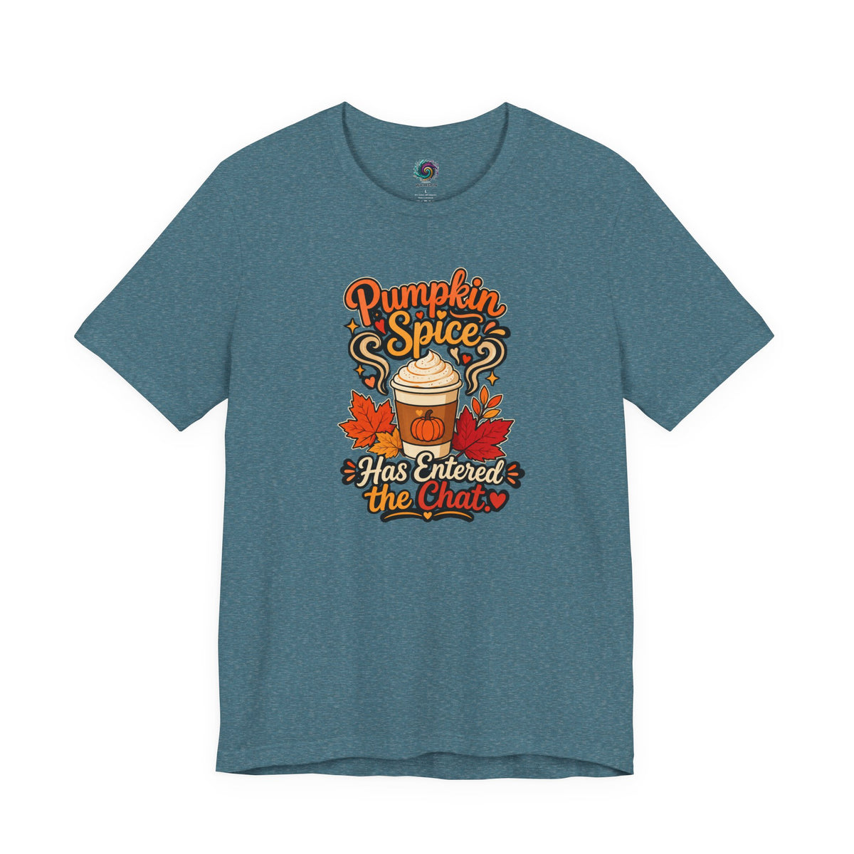 Teal crew-neck T-shirt with pumpkin spice coffee chat graphic