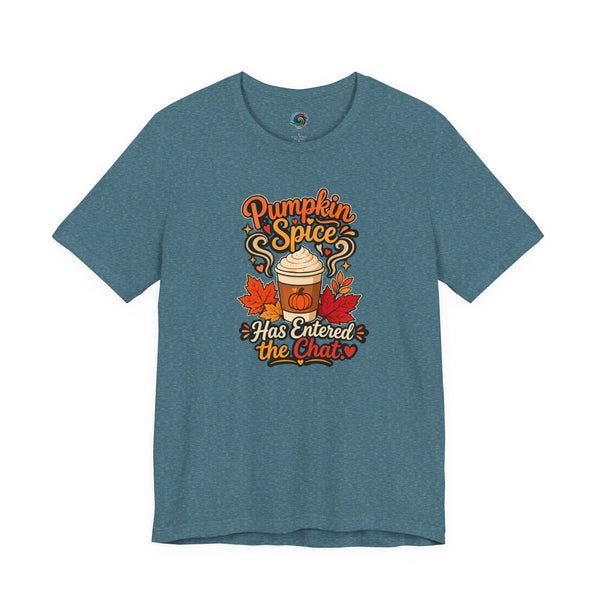 Teal crew-neck T-shirt with pumpkin spice coffee chat graphic